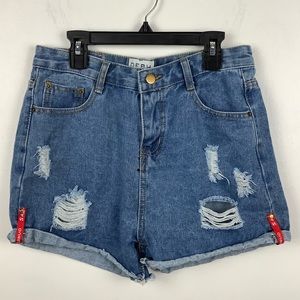Q F B H Denim Mom Jean shorts high waisted distressed Waist 29"